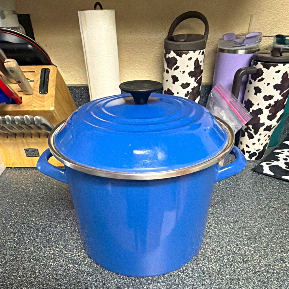 Le Creuset Blue Enameled Cast Iron Stockpot w/ Lid Round Double Handle